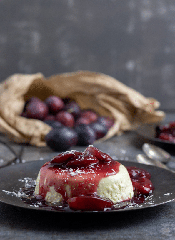 Coffee panna cotta with fruit topping.