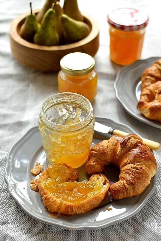 Croissant spread with homemade pear jam.