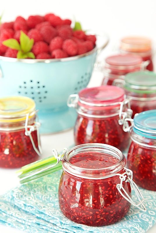 Homemade fresh raspberry jam in jars.