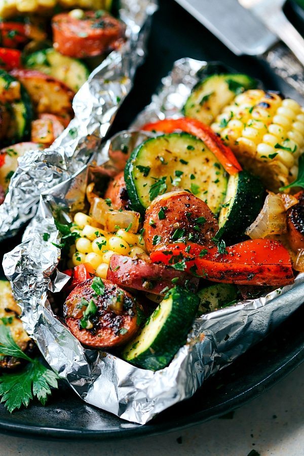 Vegetables in foil prepared on the grill.