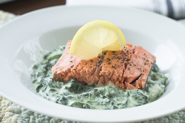 Roasted salmon with creamed spinach