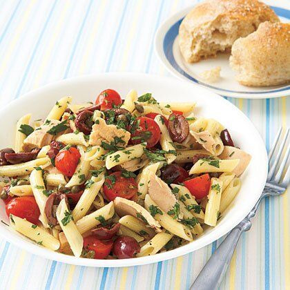 Italian pasta salad with tomatoes, olives and tuna.