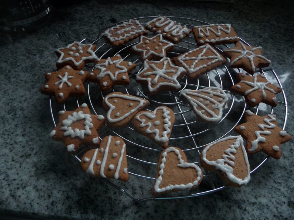 Gluten-free gingerbread traditionally decorated with egg white glaze.