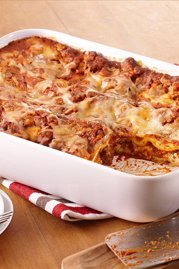 lasagna with minced meat in a baking dish