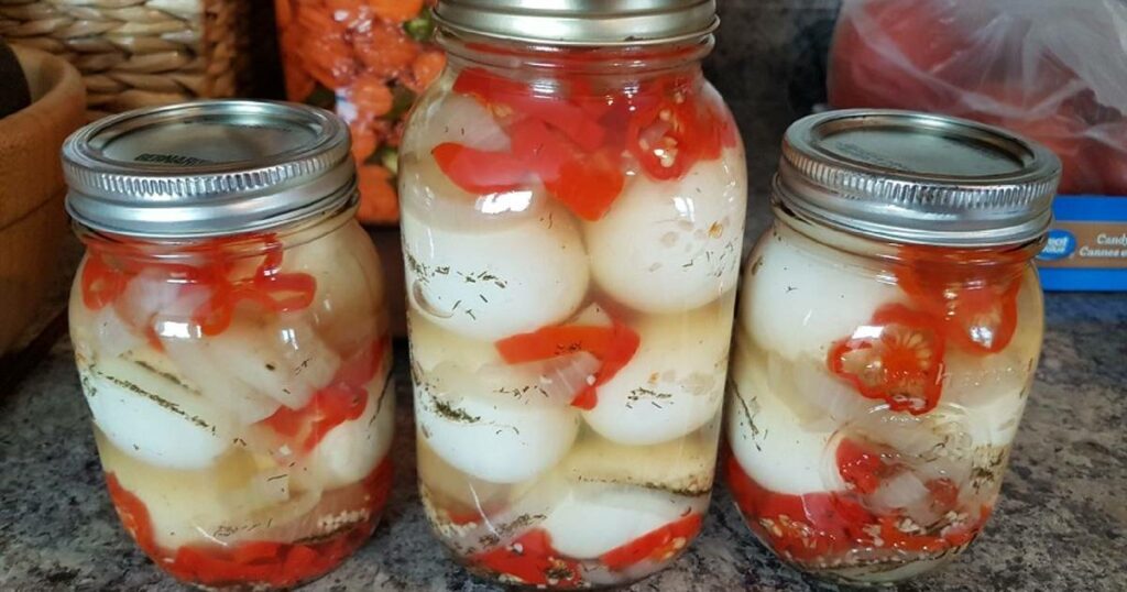 Spicy pickled drowned eggs.