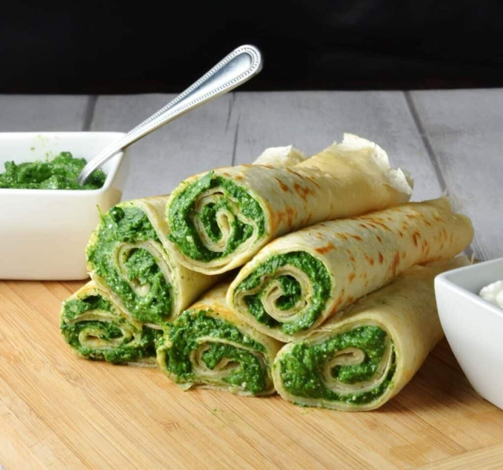 pancake dough rolls with spinach