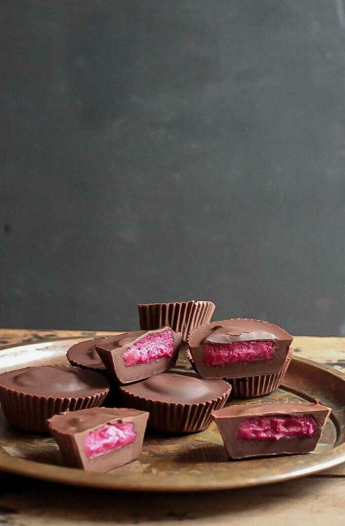 Chocolate cupcakes filled with beetroot nut butter