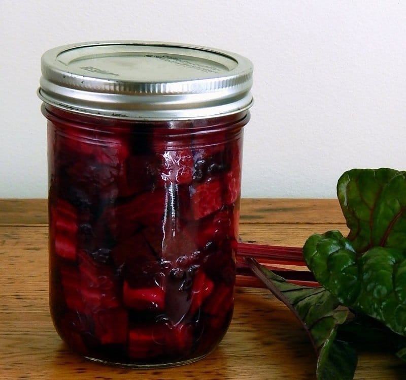 Pickled beet pieces in a jar