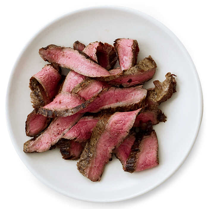 Grilled beef flank steak on a white plate
