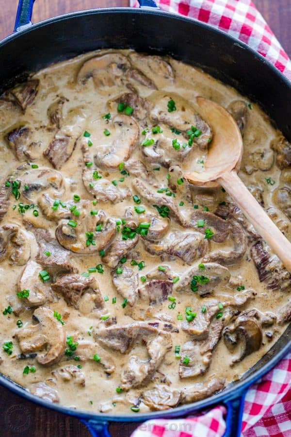 Pieces of beef with mushrooms and cream sauce in a pan