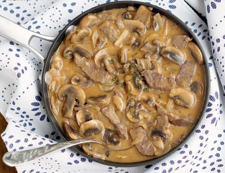 A traditional Russian dish of beef, mushrooms and sour cream