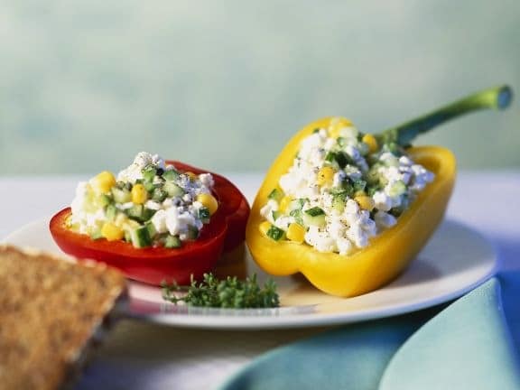 Meatless peppers stuffed with cottage cheese, cucumber and corn.