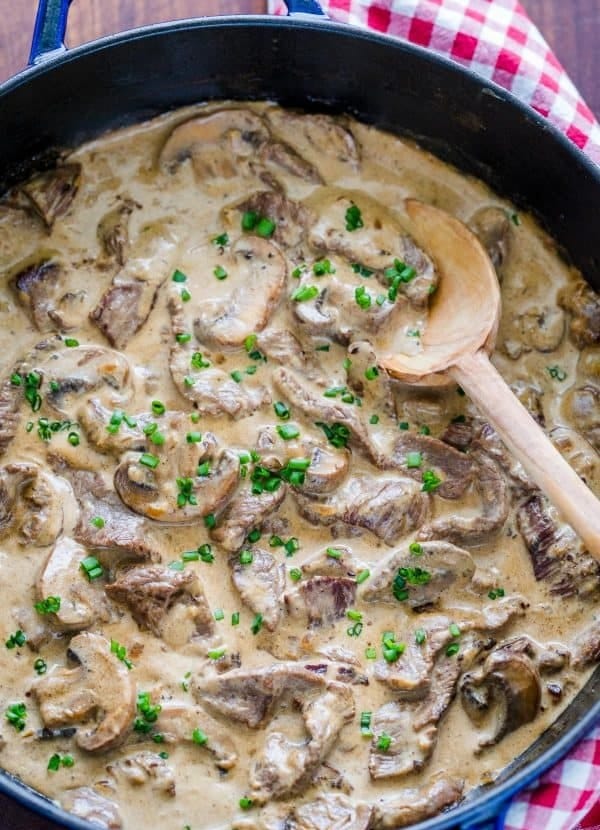 Pieces of meat and mushrooms in a cream sauce