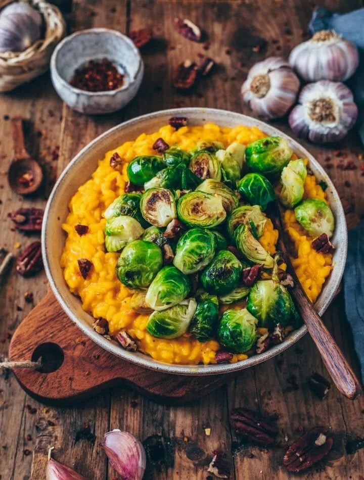 Pumpkin risotto with roasted Brussels sprouts and pecans