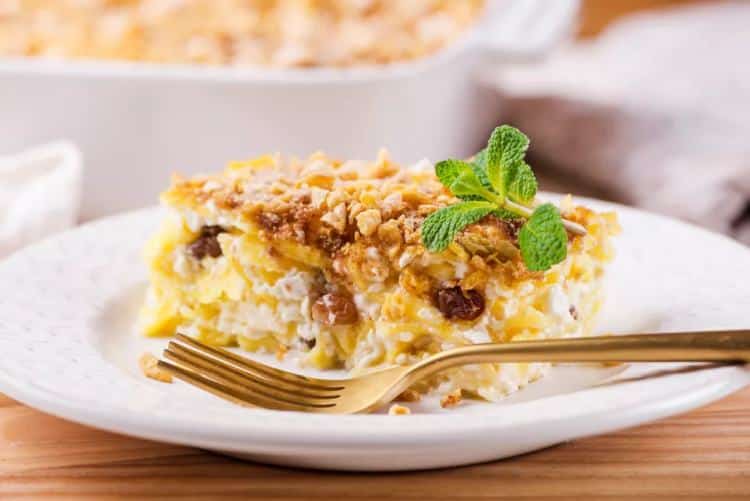 Sweet pasta baked with cottage cheese and raisins