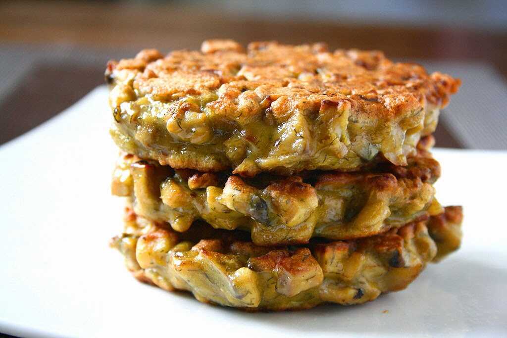Mushroom pancakes stacked on top of each other.