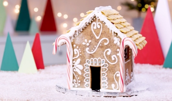 A gingerbread house, decorated with a mixture of egg whites.