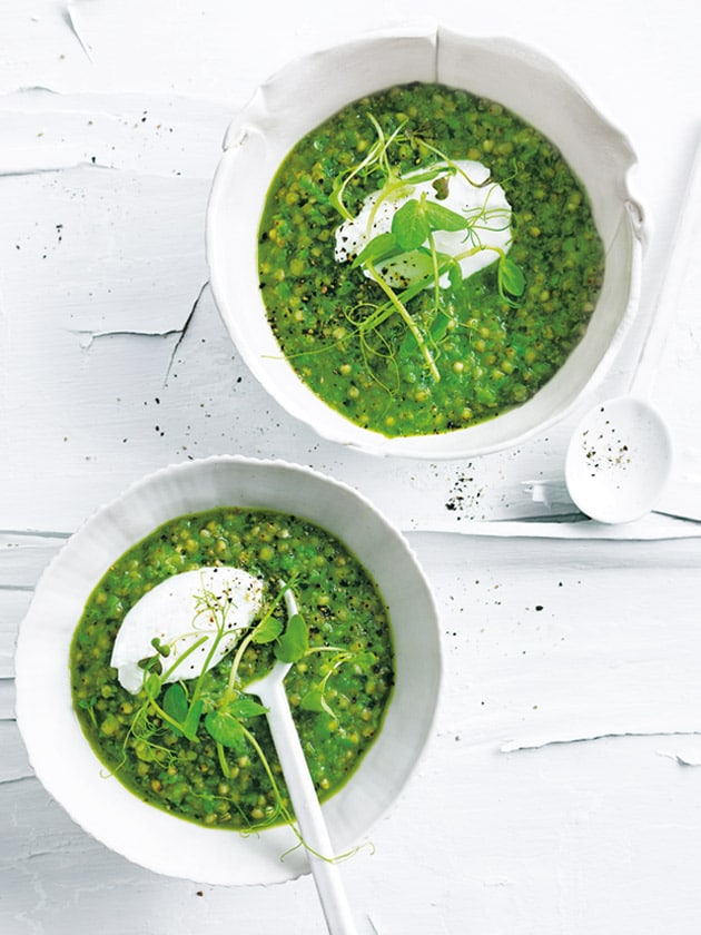 Pea spinach risotto with goat cheese.