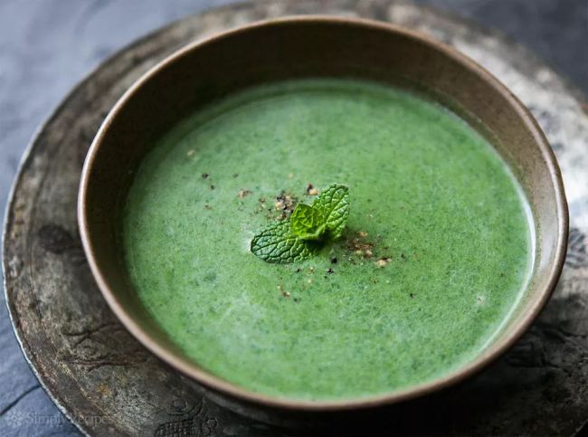 Soup made from fresh nettles garnished with mint