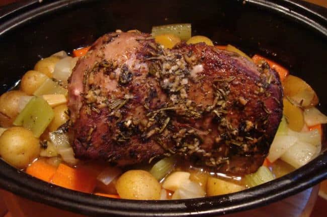 Wild boar meat baked together with potatoes and other vegetables