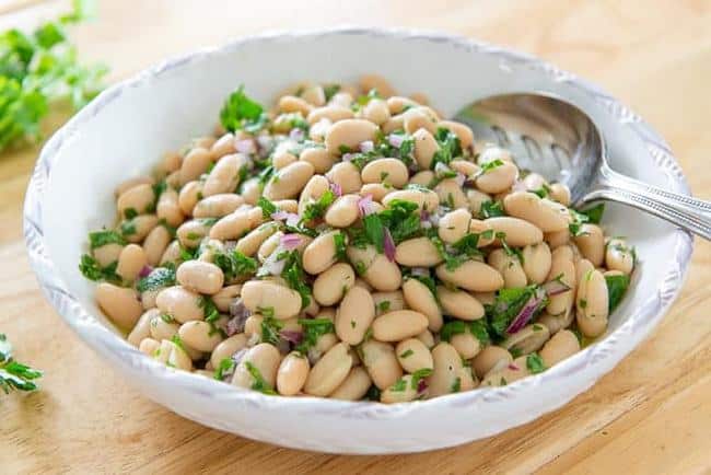 White beans, parsley and red onion in a simple salad