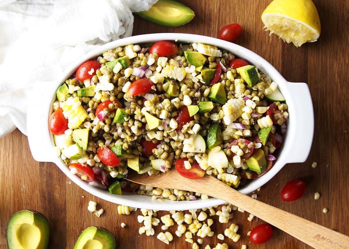 Mung beans with cherry tomatoes and avocado in a healthy salad