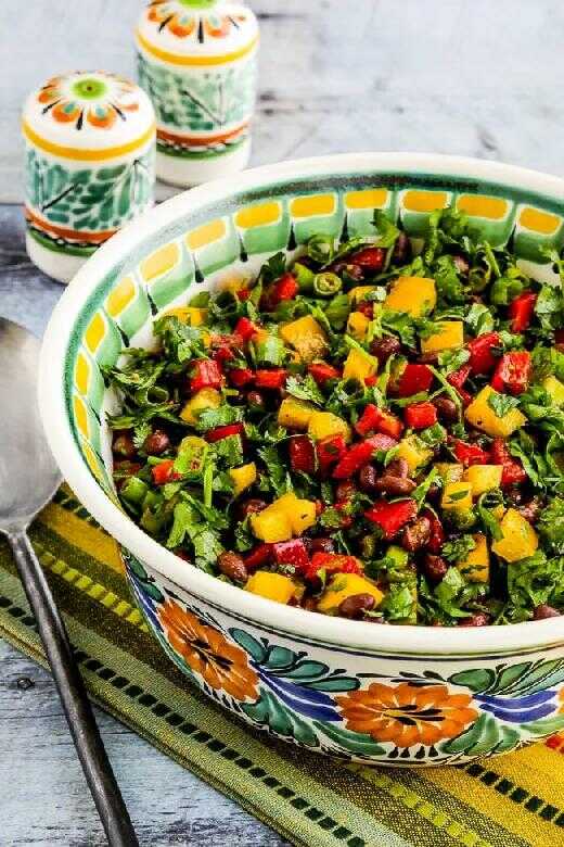 Pepper and bean salad served in a bowl.