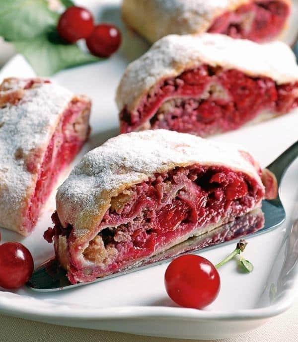 A strudel with sour cherries made from beer dough