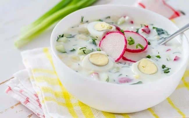 Cold soup with eggs, radishes and cucumber