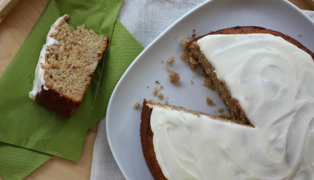 A simple recipe for banana bread with vanilla-lemon frosting.