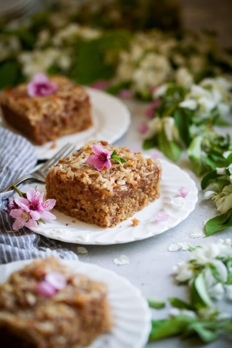 Cake with flakes, coconut and nuts.