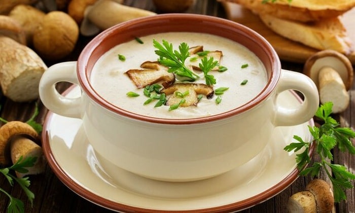 Delicious soup with oatmeal, mushrooms and ginger.