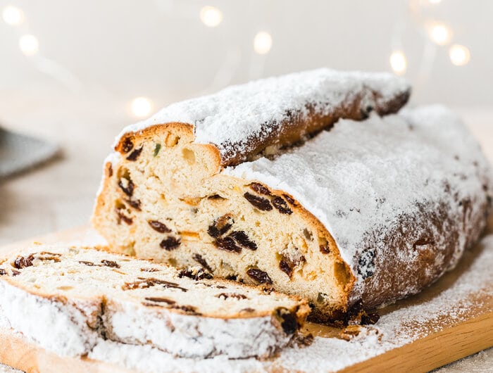 A Christmas leavened dessert filled with almonds, raisins, candied fruit and spices with a sugar coating.