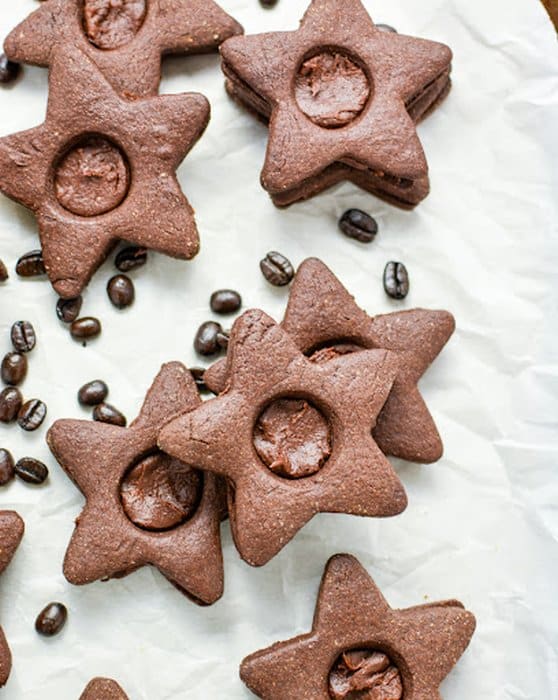 Glued cocoa Christmas cookies in the shape of stars.