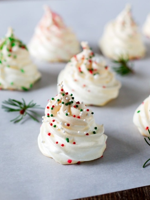Snow meringues in the shape of Christmas trees.