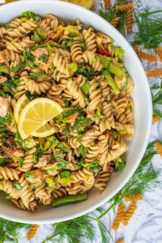 Simple pasta salad with salmon and vegetables.