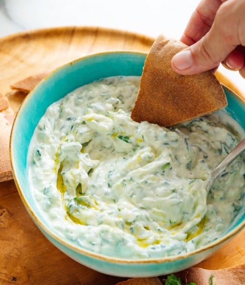 A bowl with the traditional Greek delicacy tzatziki.