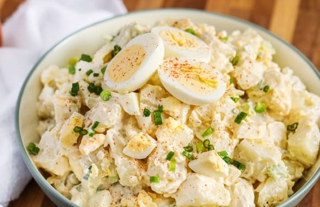 A dish made from hard-boiled eggs and potatoes.