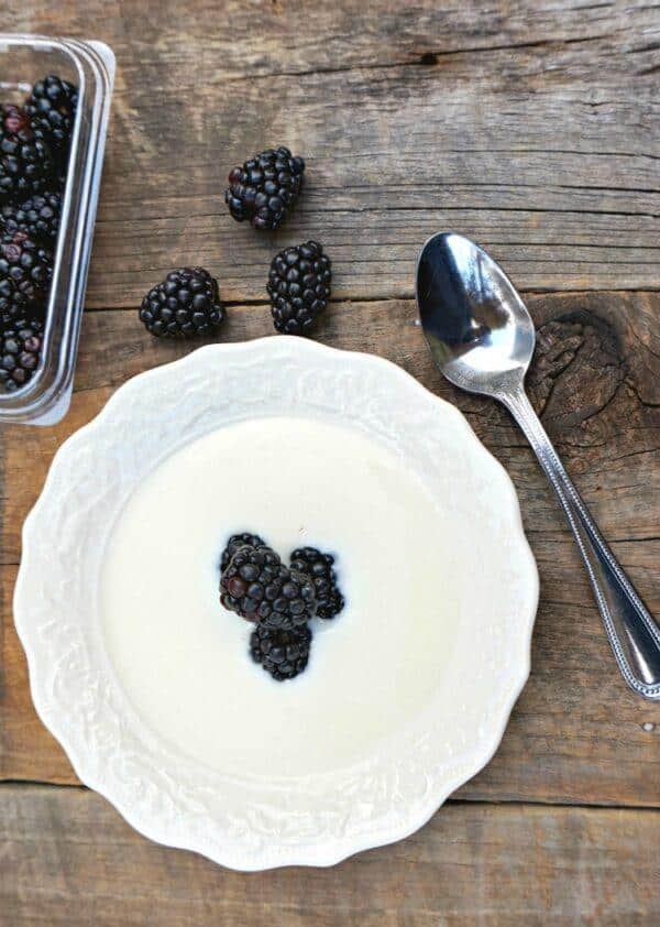 Bílý jogurt servírovaný na talířku s čerstvými ostružinami s vedle položenou lžičkou a ostružinami.
