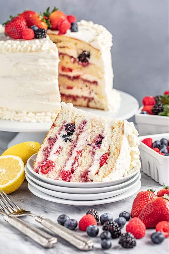 Four-layer fruit cake with mascarpone cream.