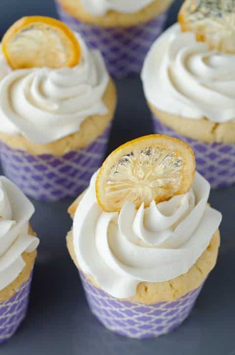 Lemon cupcake with cream and dried lemon.