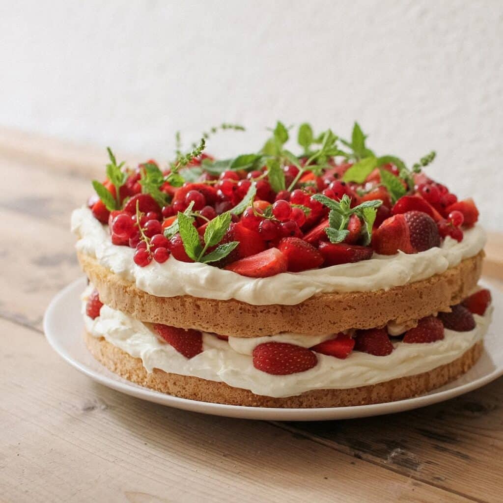 Double layer cake with mascarpone cream and fresh strawberries.