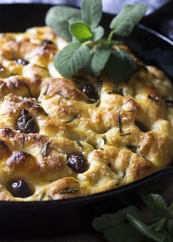 Italian pastry with olives and rosemary.