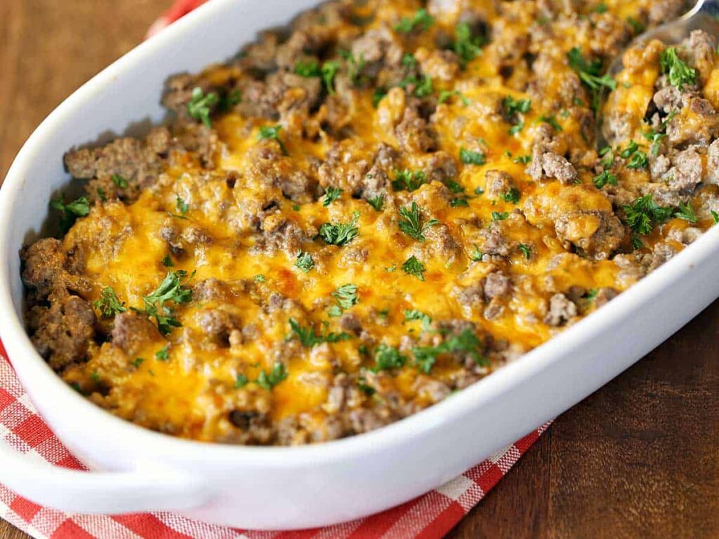 Ground beef with cheese baked in the oven and served in a baking dish.