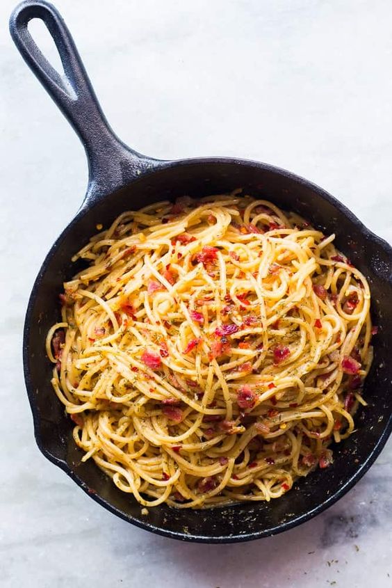 Cremige Spaghetti mit Parmesan und Speck.