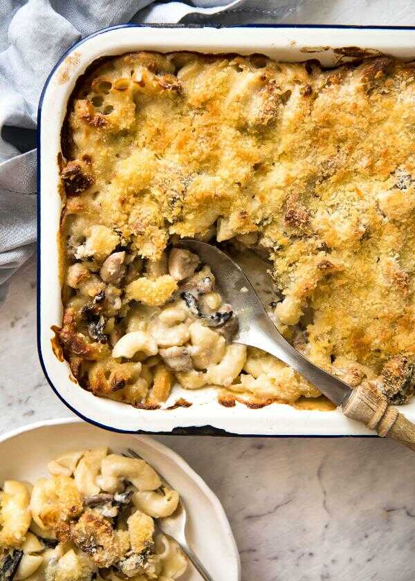 Creamy baked macaroni with chicken and mushrooms in a béchamel sauce with a crispy golden glaze served in a baking dish with a large spoon.
