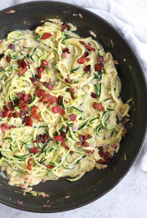 Zucchini Spaghetti nach italienischer Art mit Sahne, Ei und Parmesan und Schinken.