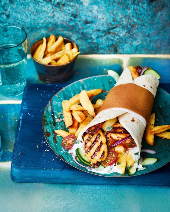 Vegetarian Greek recipe with halloumi cheese and herb fries.