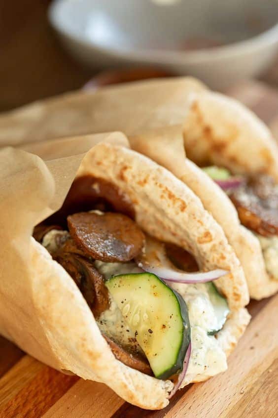 A vegan alternative to the classic Greek recipe for gyros with mushrooms and tzatziki.
