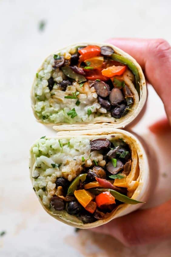 Vegetarian Mexican tortilla filled with crunchy vegetables, beans and rice.